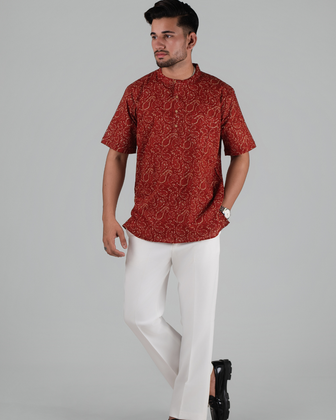 Cherry Red Paisley Printed Bushirt for Men